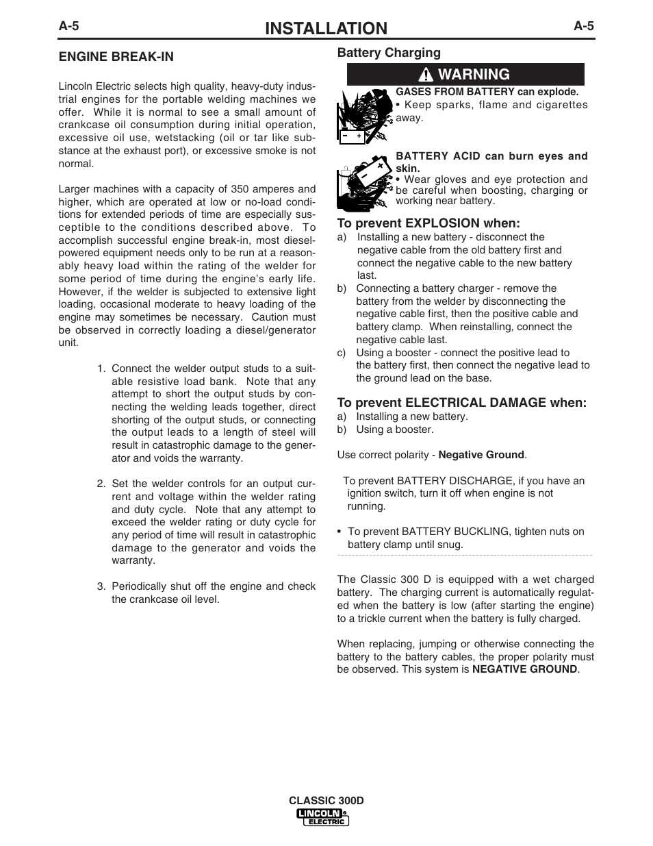 Installation, Warning | Lincoln Electric IM631 CLASSIC 300 D User Manual | Page 12 / 34