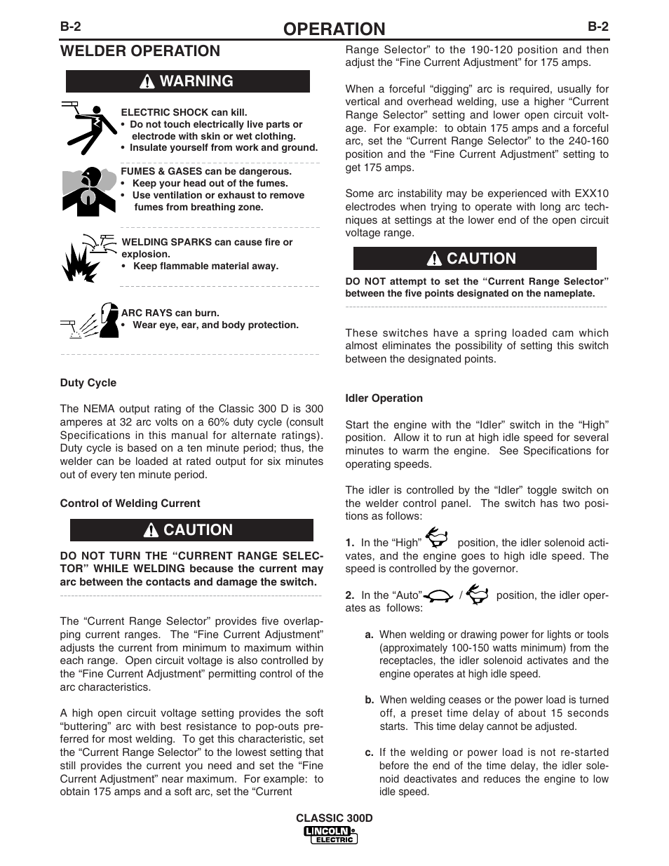 Operation, Welder operation, Warning caution caution | Lincoln Electric IM631 CLASSIC 300 D User Manual | Page 14 / 34