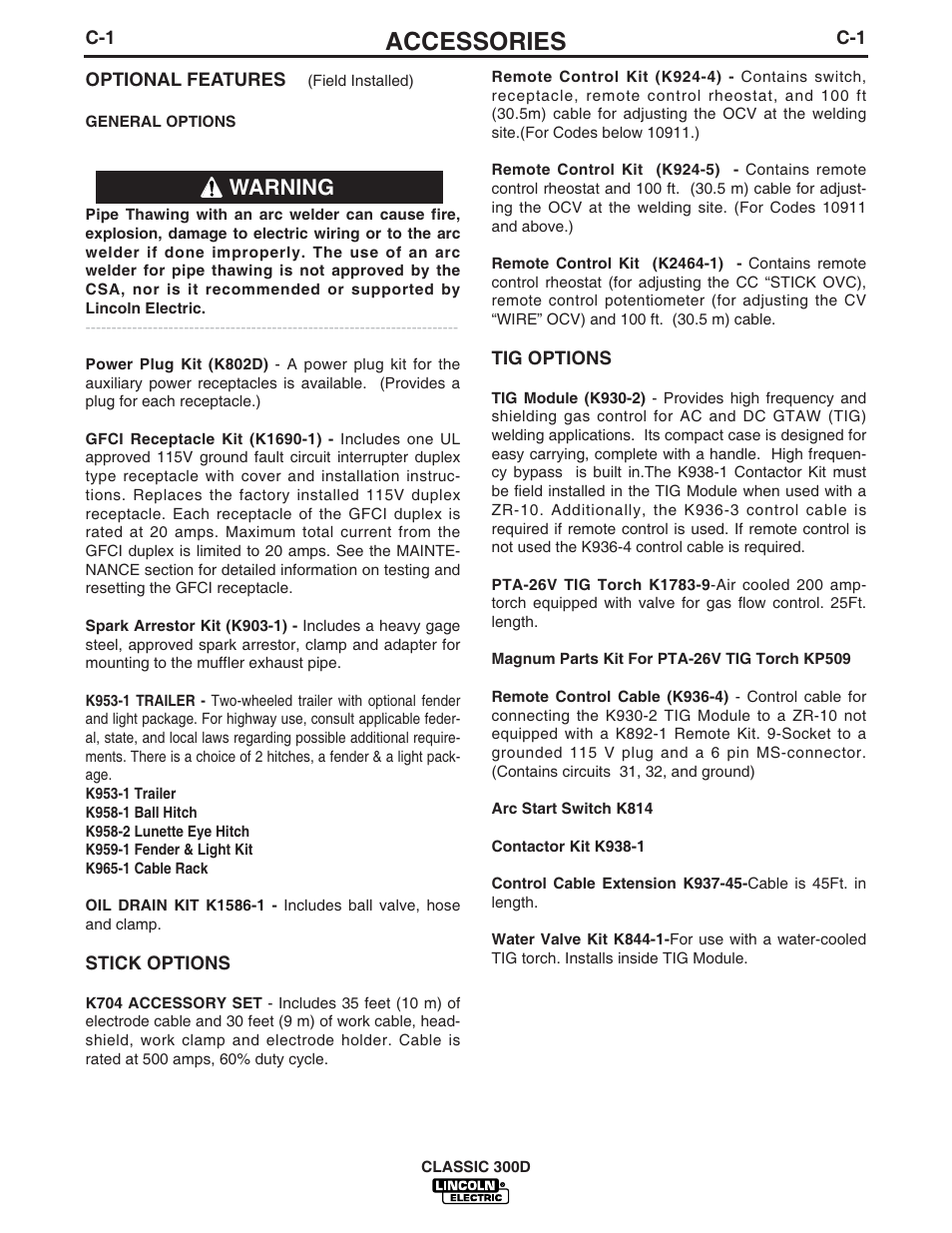 Accessories, Warning | Lincoln Electric IM631 CLASSIC 300 D User Manual | Page 16 / 34