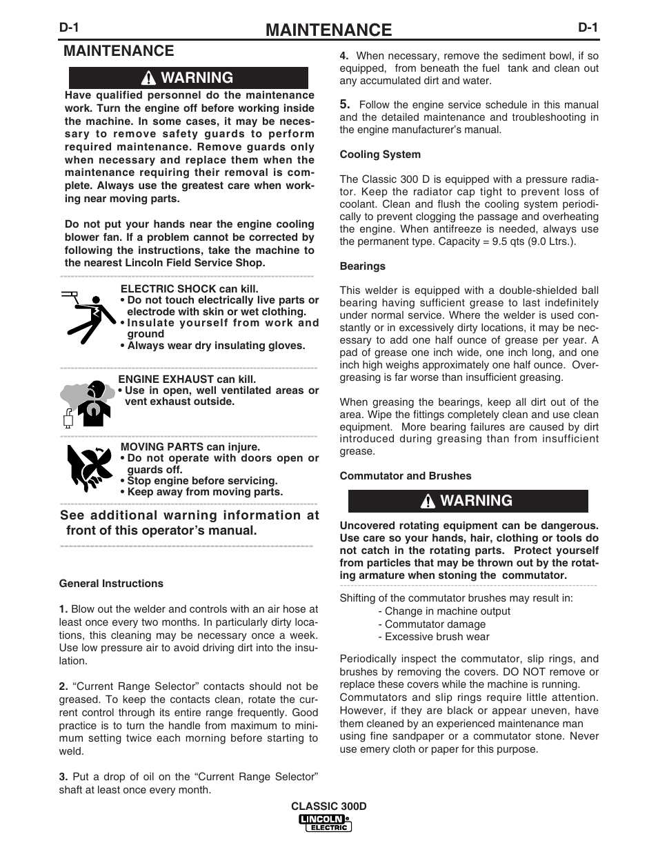 Maintenance, Warning | Lincoln Electric IM631 CLASSIC 300 D User Manual | Page 18 / 34