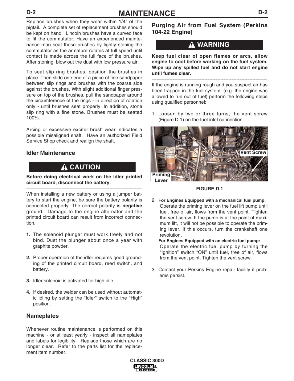 Maintenance, Caution warning | Lincoln Electric IM631 CLASSIC 300 D User Manual | Page 19 / 34