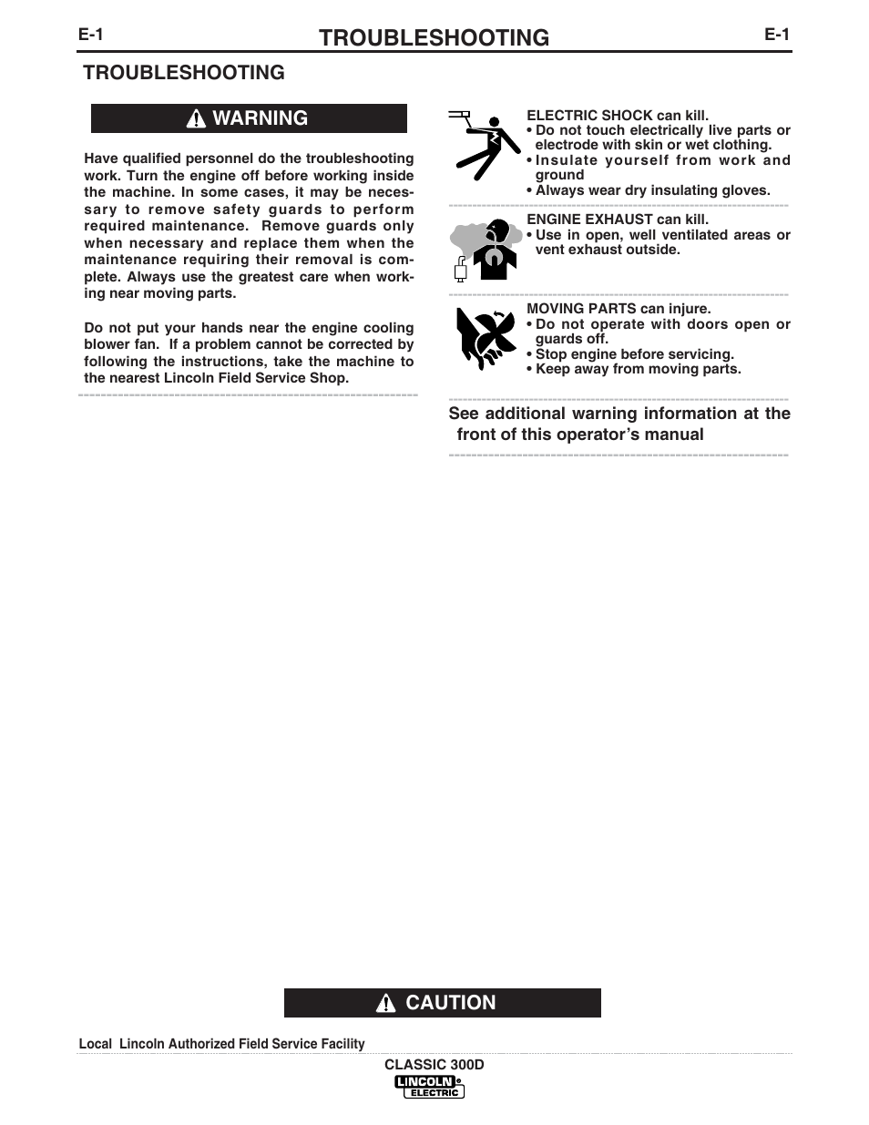 Troubleshooting, Caution troubleshooting, Warning | Lincoln Electric IM631 CLASSIC 300 D User Manual | Page 23 / 34