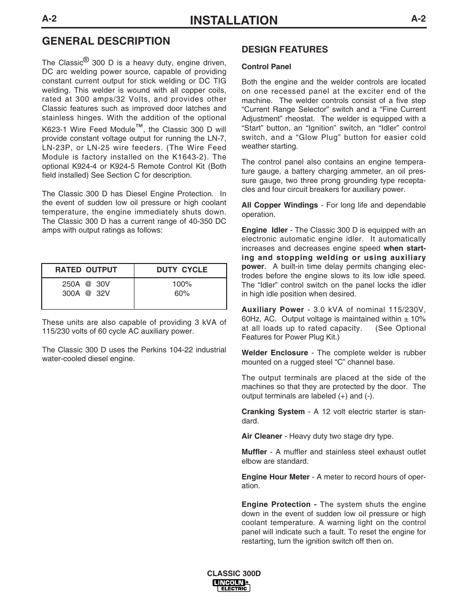 Installation, General description | Lincoln Electric IM631 CLASSIC 300 D User Manual | Page 9 / 34