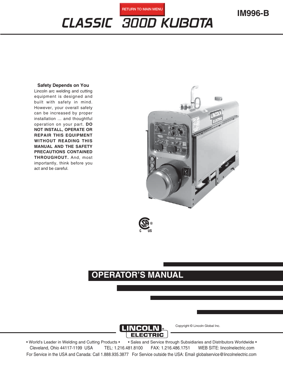 Lincoln Electric IM996 CLASSIC 300 D KUBOTA User Manual | 36 pages