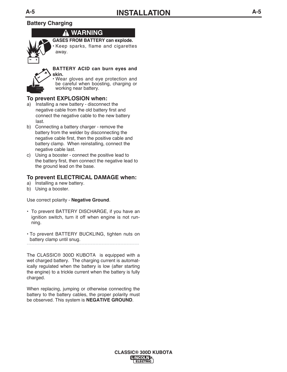 Installation, Warning | Lincoln Electric IM996 CLASSIC 300 D KUBOTA User Manual | Page 12 / 36