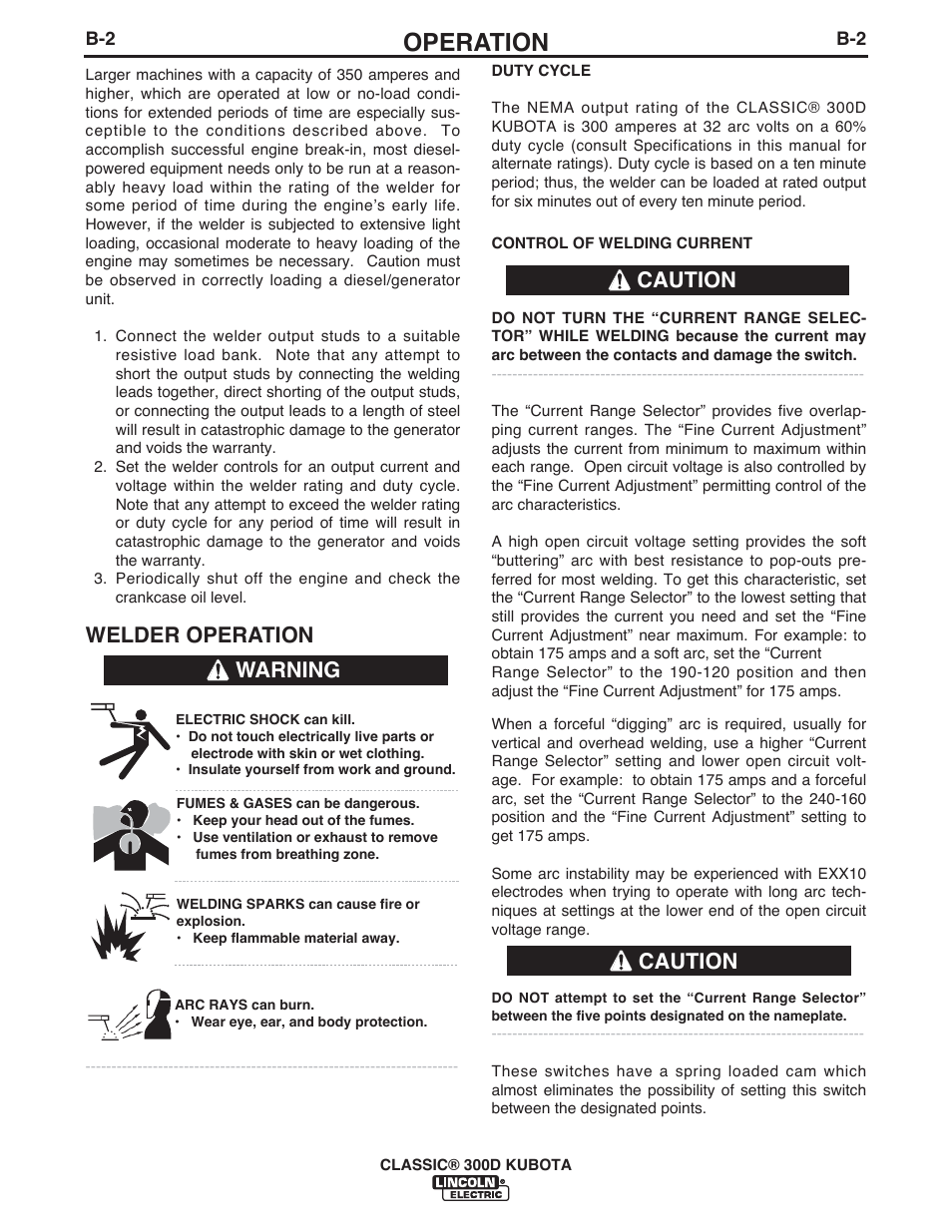 Operation, Welder operation, Warning caution caution | Lincoln Electric IM996 CLASSIC 300 D KUBOTA User Manual | Page 14 / 36