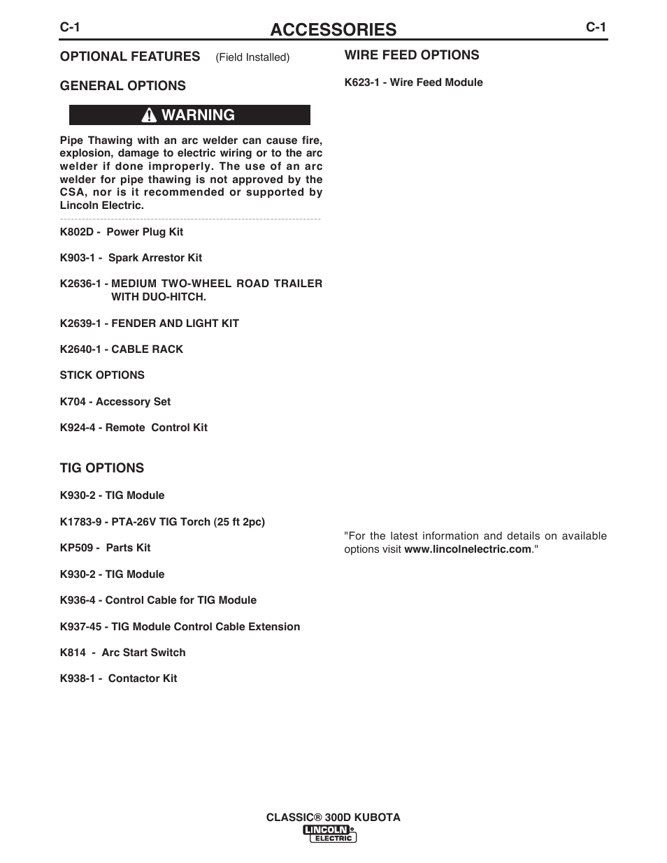 Accessories, Warning | Lincoln Electric IM996 CLASSIC 300 D KUBOTA User Manual | Page 16 / 36