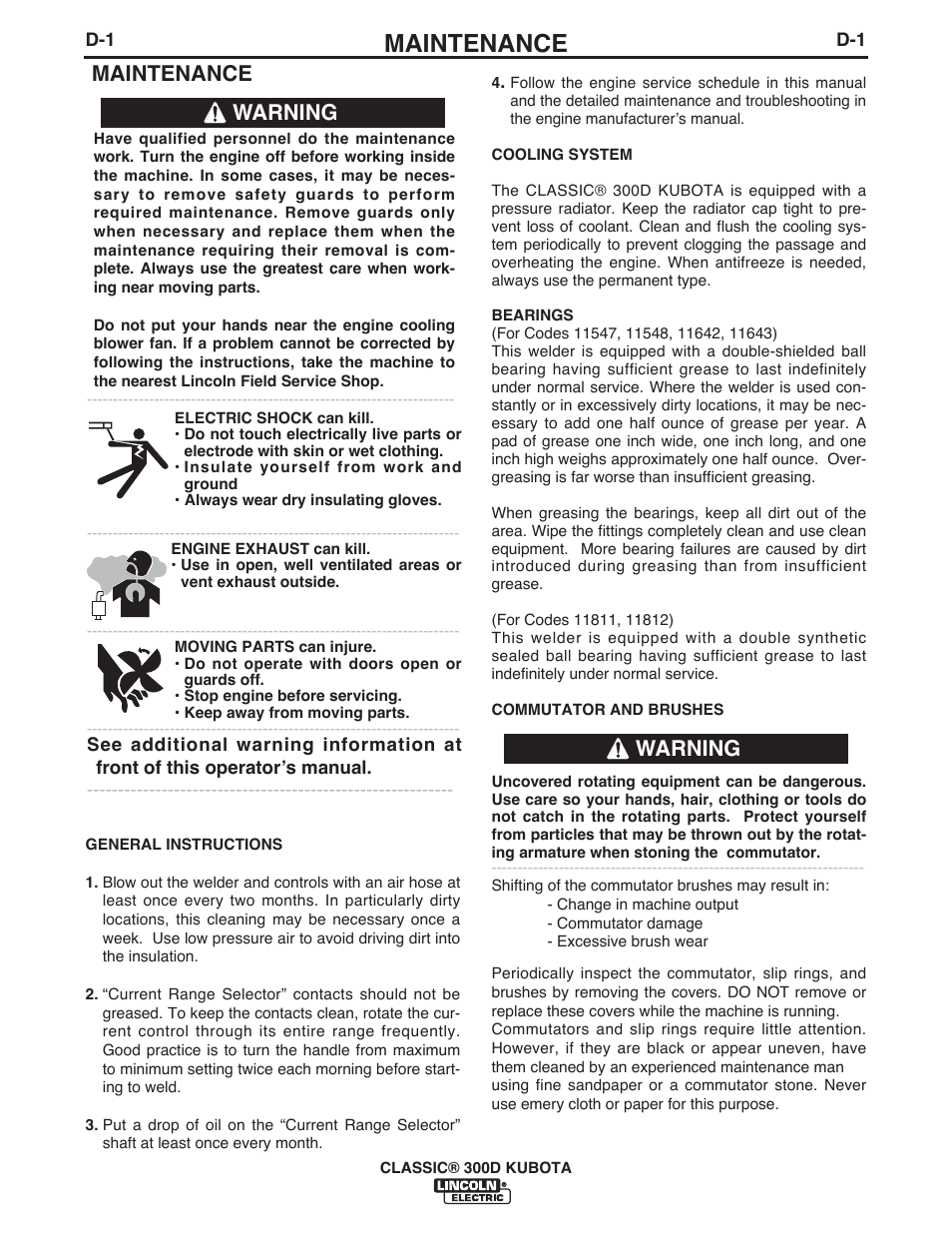 Maintenance, Warning | Lincoln Electric IM996 CLASSIC 300 D KUBOTA User Manual | Page 17 / 36