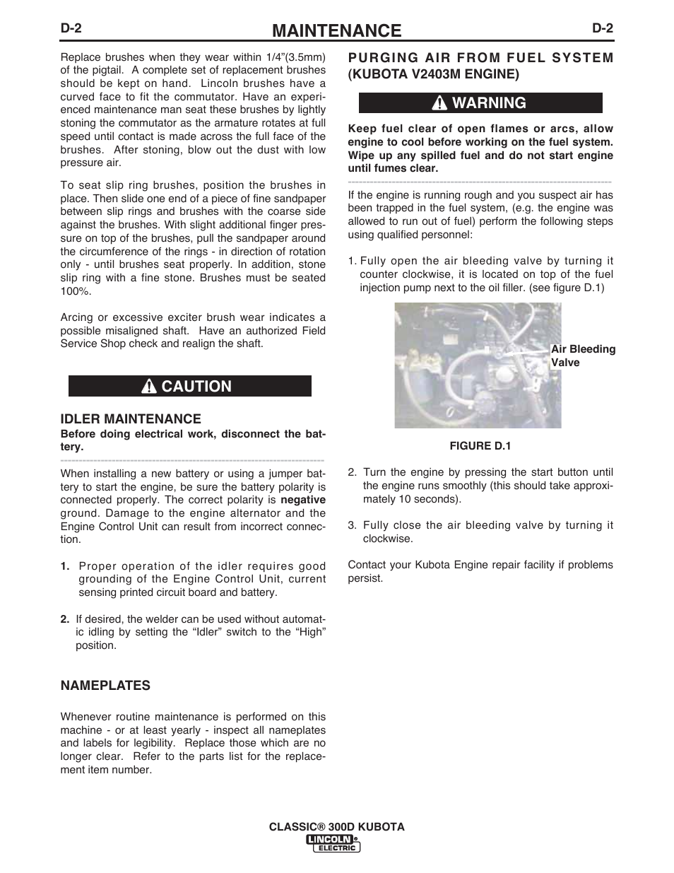 Maintenance, Caution warning | Lincoln Electric IM996 CLASSIC 300 D KUBOTA User Manual | Page 18 / 36