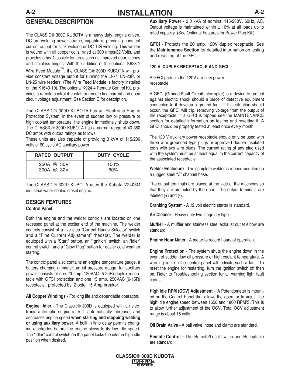 Installation, General description | Lincoln Electric IM996 CLASSIC 300 D KUBOTA User Manual | Page 9 / 36