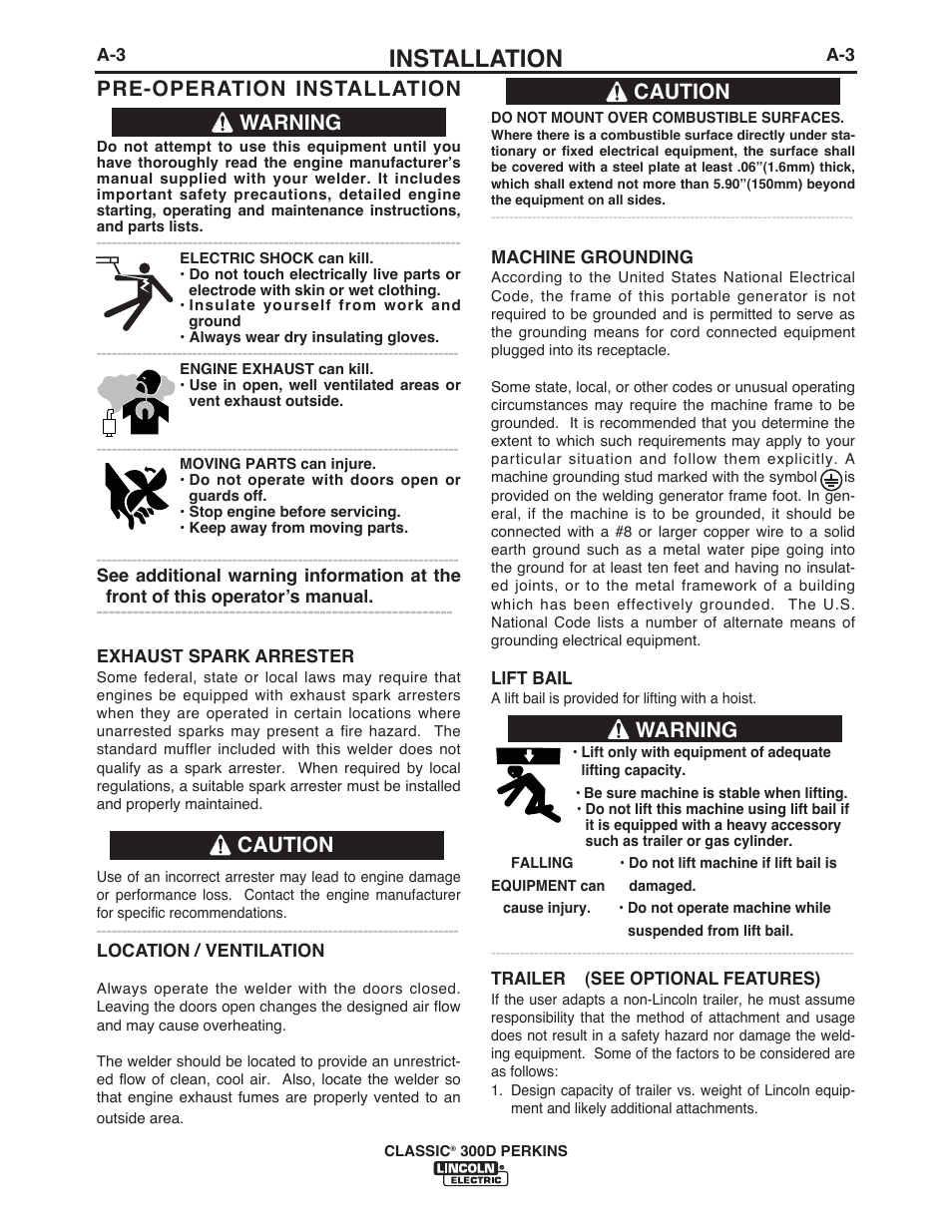 Installation, Pre-operation installation, Warning caution | Warning, Caution | Lincoln Electric IM995 CLASSIC 300 D PERKINS User Manual | Page 10 / 36