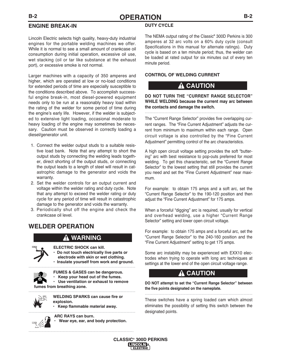 Operation, Welder operation, Warning caution caution | Lincoln Electric IM995 CLASSIC 300 D PERKINS User Manual | Page 15 / 36