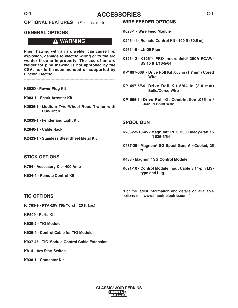 Accessories, Warning | Lincoln Electric IM995 CLASSIC 300 D PERKINS User Manual | Page 17 / 36