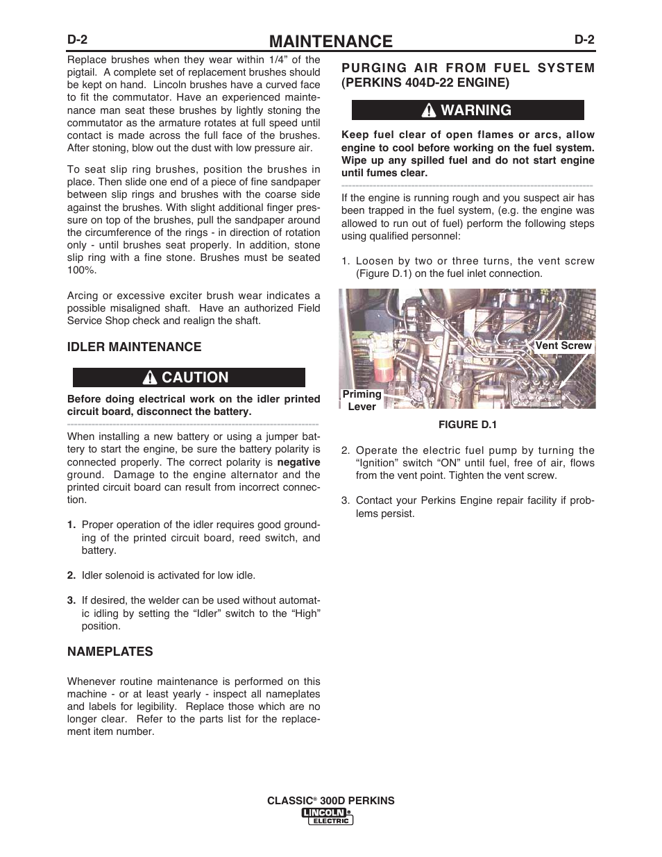 Maintenance, Caution warning | Lincoln Electric IM995 CLASSIC 300 D PERKINS User Manual | Page 19 / 36