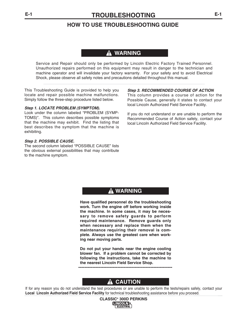 Troubleshooting, Caution, Warning | How to use troubleshooting guide | Lincoln Electric IM995 CLASSIC 300 D PERKINS User Manual | Page 22 / 36