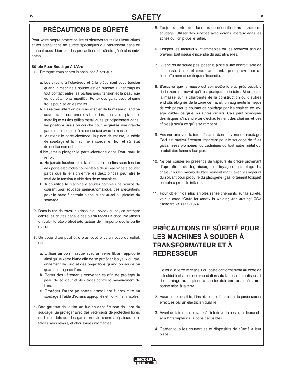 Safety, Précautions de sûreté | Lincoln Electric IM995 CLASSIC 300 D PERKINS User Manual | Page 5 / 36