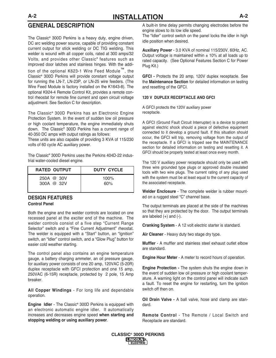 Installation, General description, Design features | Lincoln Electric IM995 CLASSIC 300 D PERKINS User Manual | Page 9 / 36