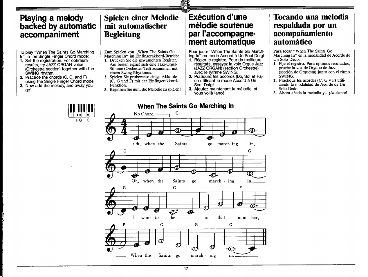 Spielen einer melodie mit automatischer begleitung, Playing a melody backed by automatic accompaniment | Yamaha PS-35 User Manual | Page 19 / 36