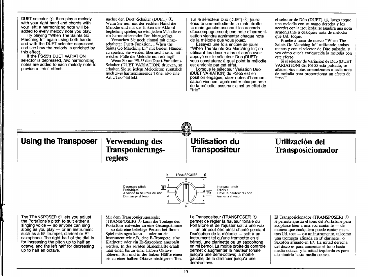 Verwendung des, Utilización del transponienings- reglers, Transposicionador | Using the transposer, Utilisation du, Transpositeur | Yamaha PS-35 User Manual | Page 21 / 36