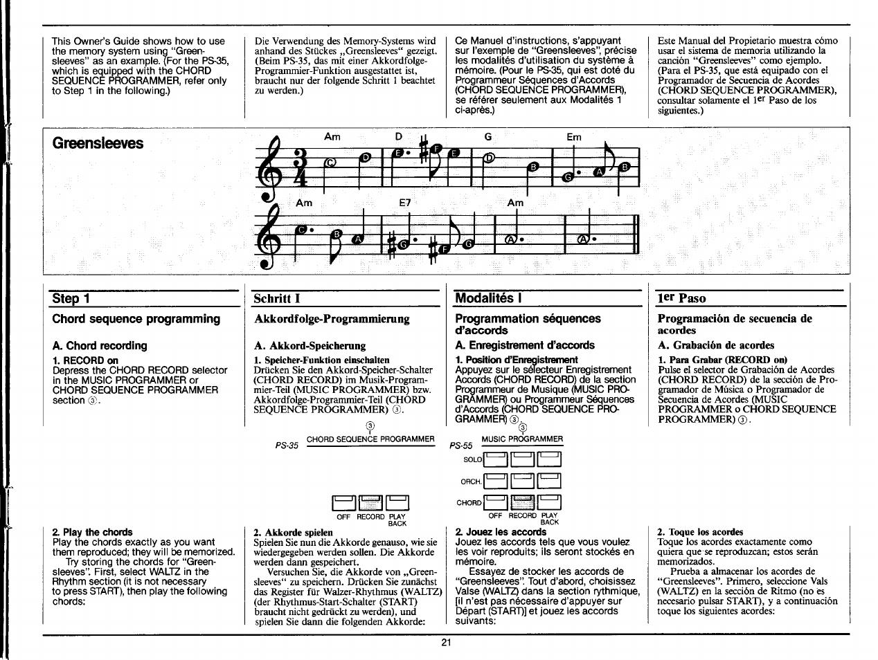 Chord sequence programming, A. chord recording, Record on | Play the chords, Schritt i, Akkordfolge-programmienmg, A. akkord-speicherang, Programmation séquences d’accords, A. enregistrement d’accords, Position d’enregistrement | Yamaha PS-35 User Manual | Page 23 / 36