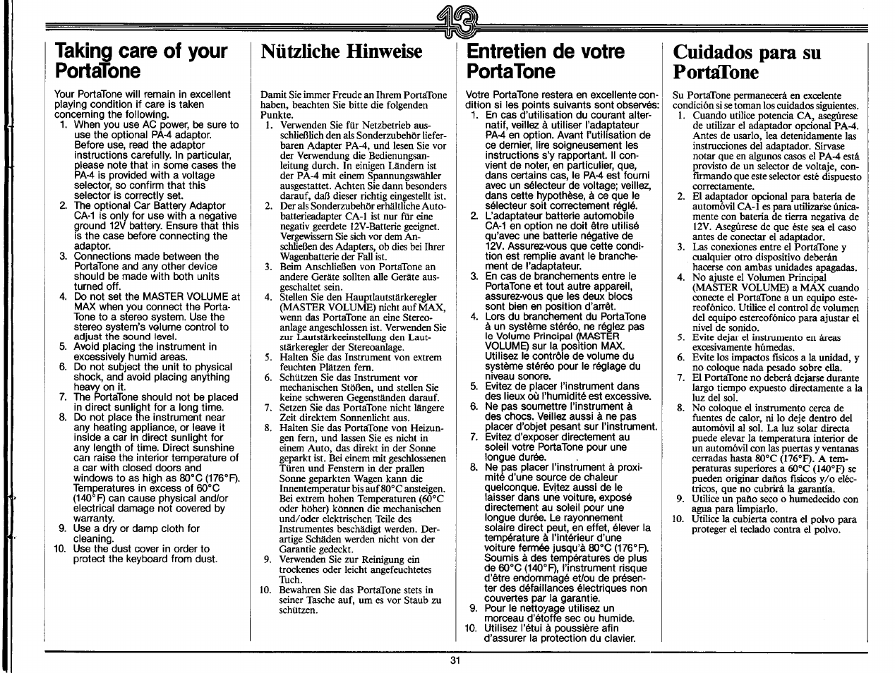 Taking care of your portatone, Nützliche hinweise, Entretien de votre portatone | Cuidados para su portatone, Taking care of your portatone—----------—31 | Yamaha PS-35 User Manual | Page 33 / 36