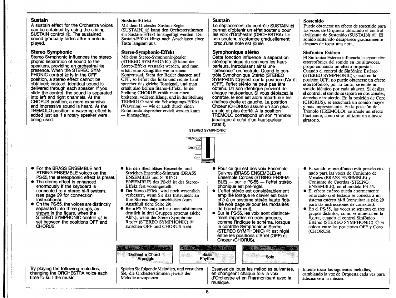 Sustain, Stereo symphonic, Symphonique stéréo | Yamaha PS-35 User Manual | Page 8 / 36