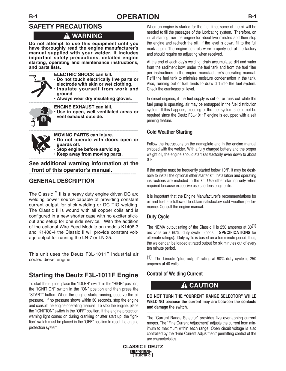 Operation, Safety precautions, Warning | Caution | Lincoln Electric IM553 CLASSIC II User Manual | Page 12 / 28