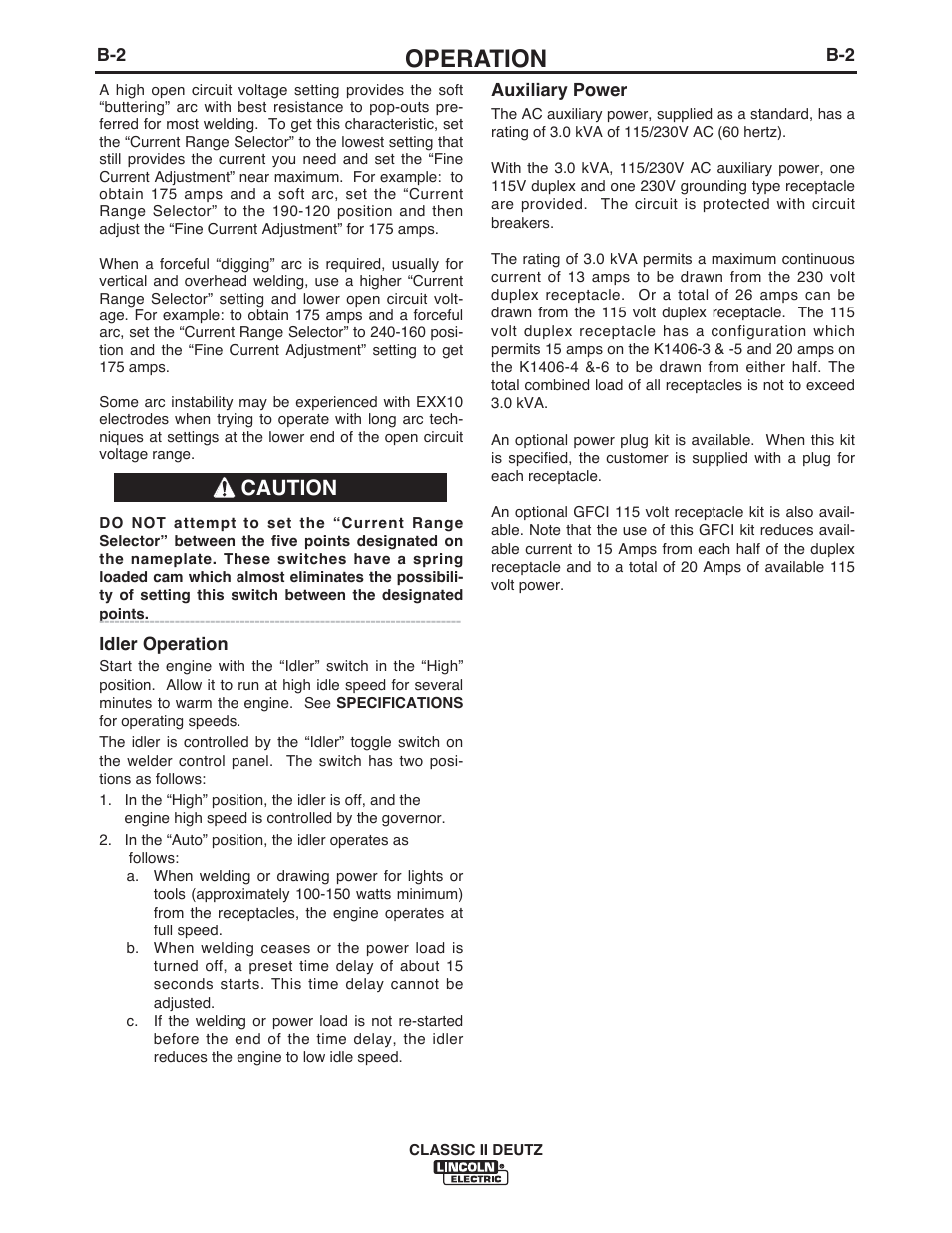 Operation, Caution | Lincoln Electric IM553 CLASSIC II User Manual | Page 13 / 28