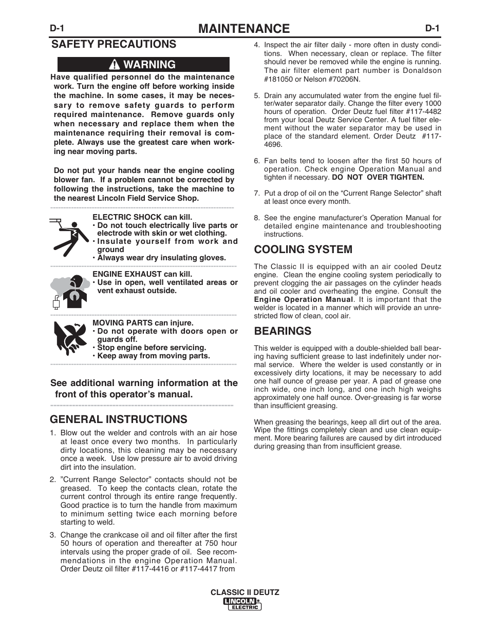 Maintenance, Warning, Cooling system | Bearings, General instructions, Safety precautions | Lincoln Electric IM553 CLASSIC II User Manual | Page 14 / 28