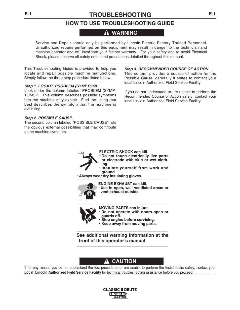 Troubleshooting, Caution, How to use troubleshooting guide | Warning | Lincoln Electric IM553 CLASSIC II User Manual | Page 16 / 28