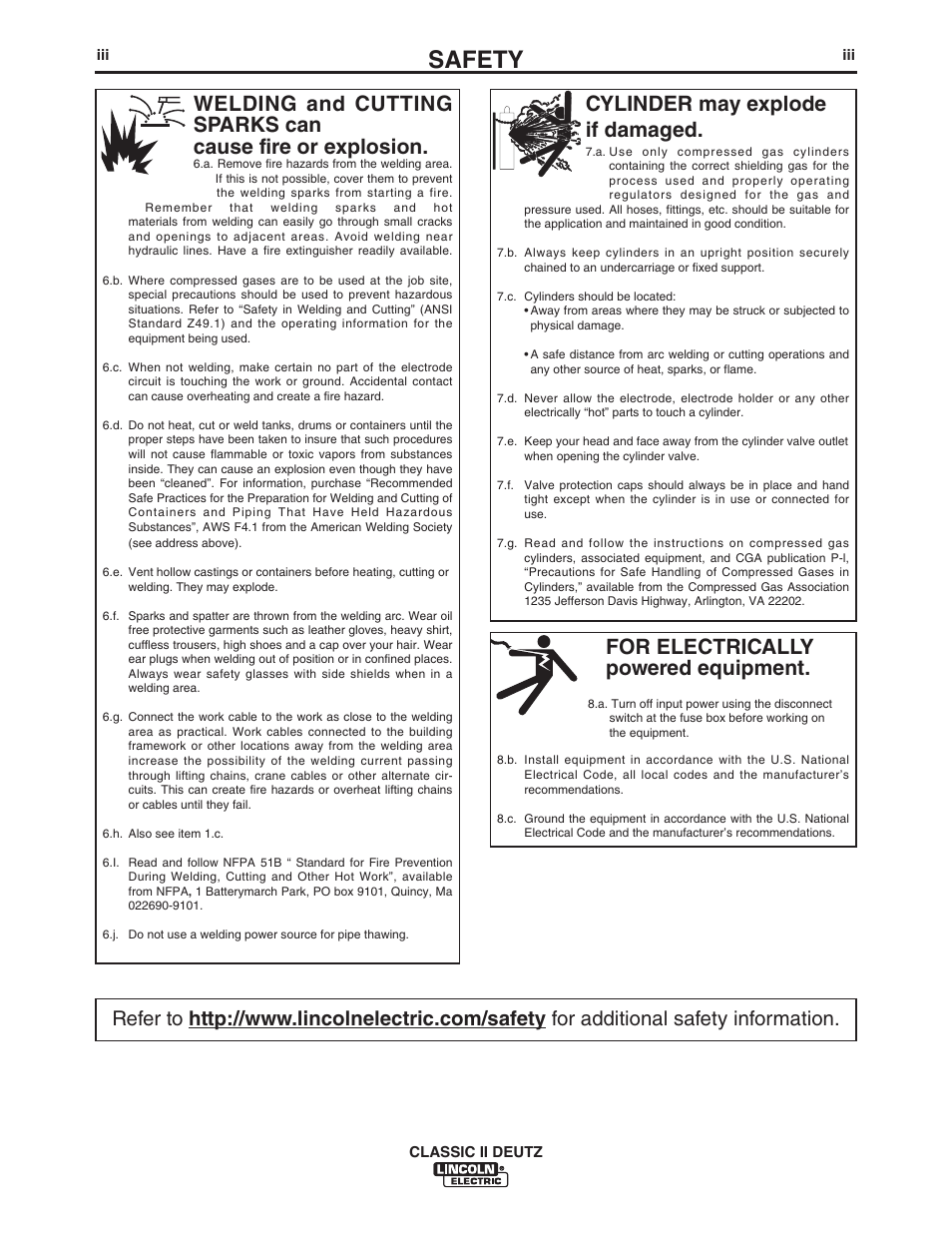 Safety, For electrically powered equipment, Cylinder may explode if damaged | Lincoln Electric IM553 CLASSIC II User Manual | Page 4 / 28