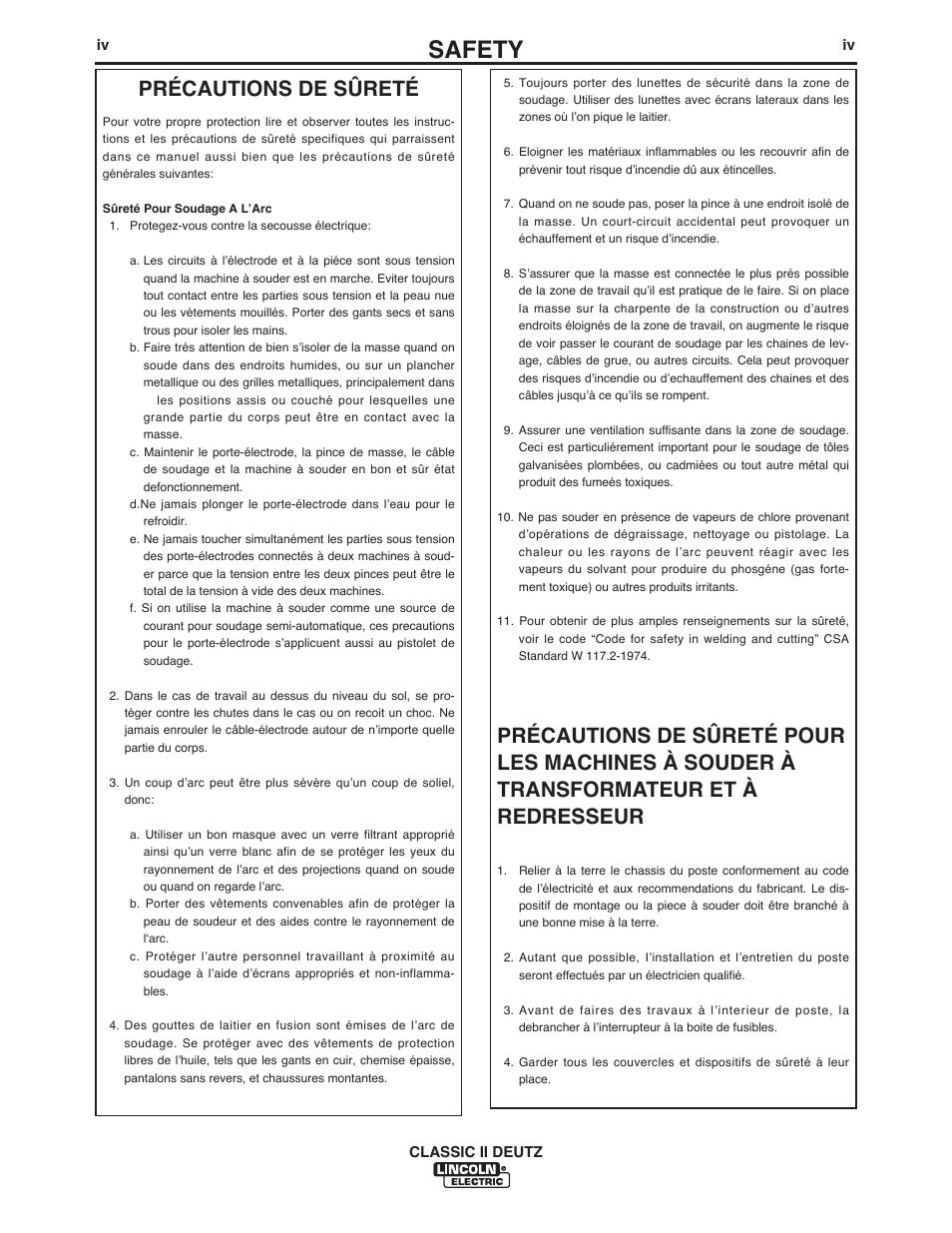 Safety, Précautions de sûreté | Lincoln Electric IM553 CLASSIC II User Manual | Page 5 / 28