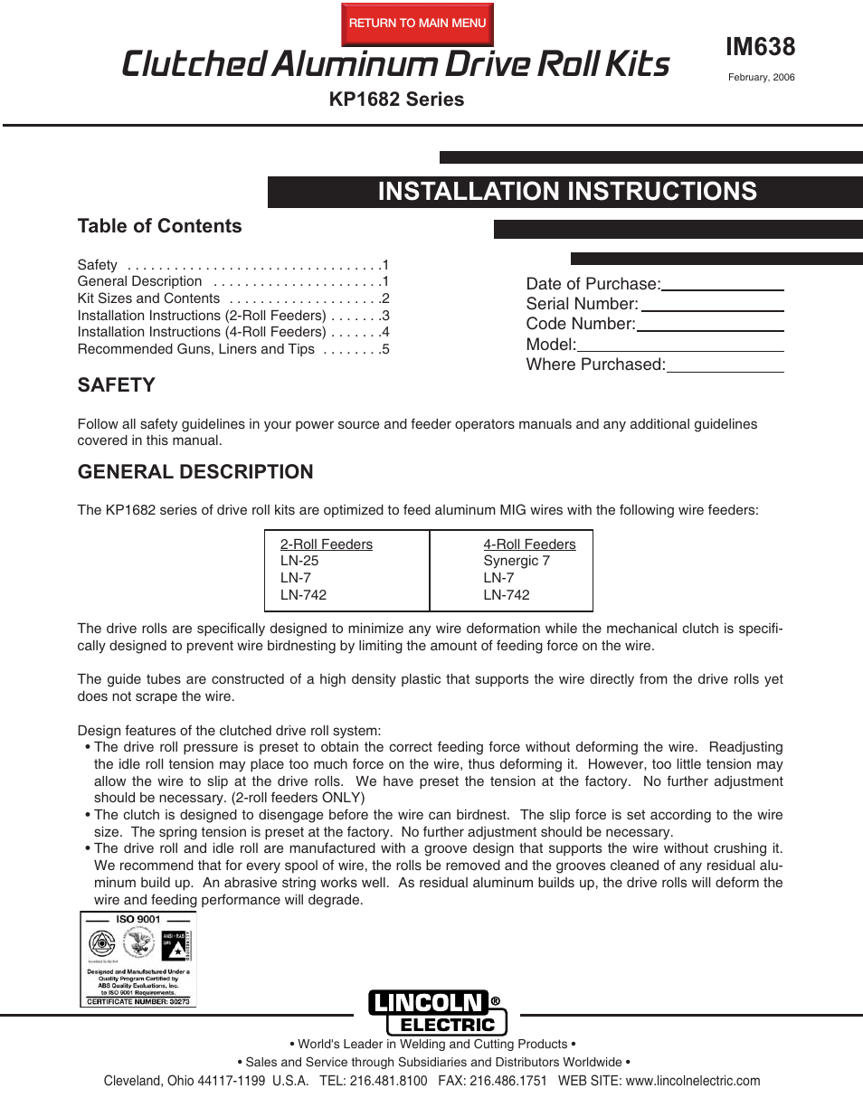 Lincoln Electric IM638 Clutched Aluminum Drive Roll Kits K1682 User Manual | 6 pages