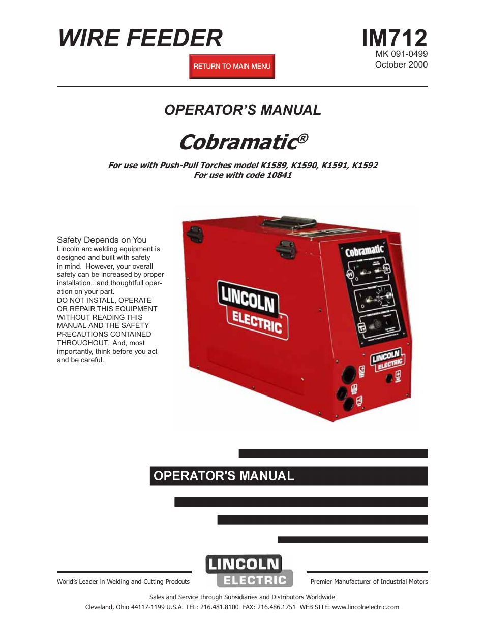 Lincoln Electric IM712 Cobramatic K1589, K1590, K1591, K1592 User Manual | 41 pages