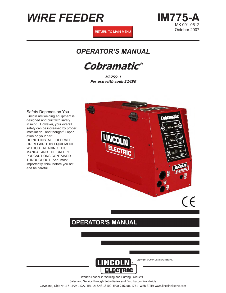 Lincoln Electric IM775 Cobramatic K2259-1 User Manual | 44 pages