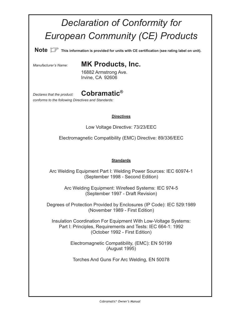 Mk products, inc, Cobramatic | Lincoln Electric IM775 Cobramatic K2259-1 User Manual | Page 4 / 44