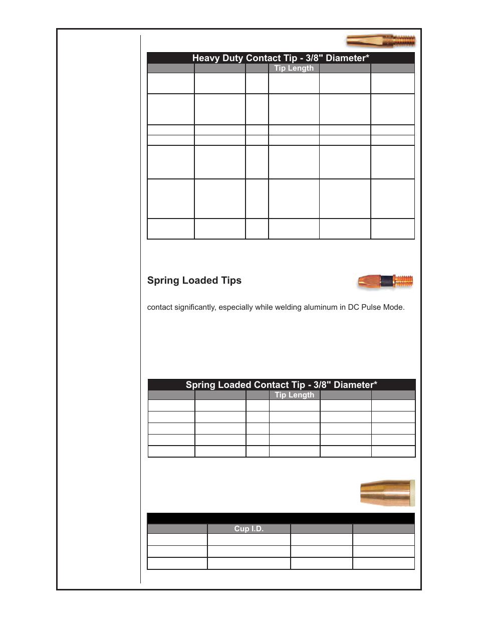 Contact tips, Spring loaded tips, Heavy duty contact tip - 3/8" diameter | Gas cups, Spring loaded contact tip - 3/8" diameter | Lincoln Electric IM774 CobraMAX K2252-1 & K2252-2 User Manual | Page 15 / 28