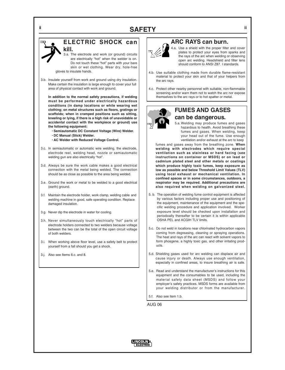 Safety, Arc rays can burn, Electric shock can kill | Fumes and gases can be dangerous | Lincoln Electric IM774 CobraMAX K2252-1 & K2252-2 User Manual | Page 6 / 28