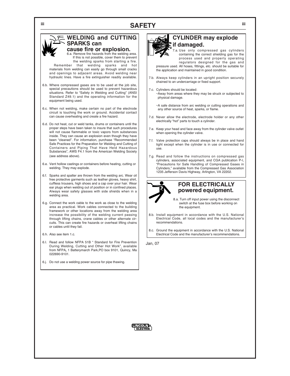 Safety, For electrically powered equipment, Cylinder may explode if damaged | Lincoln Electric IM774 CobraMAX K2252-1 & K2252-2 User Manual | Page 7 / 28