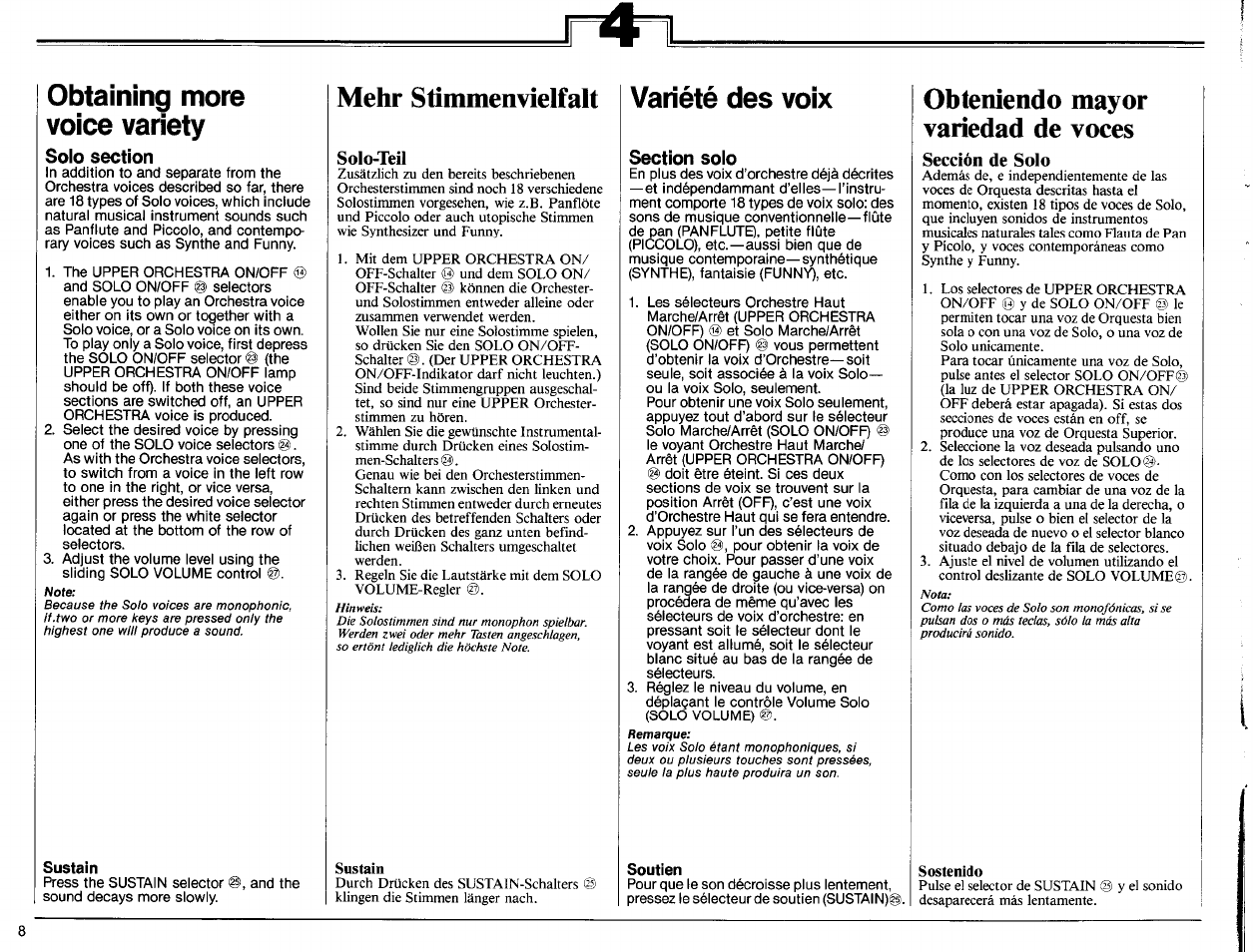 Solo section, Mehr stimmenyielfalt, Sustain | Section solo, Soutien, Obteniendo mayor variedad de voces, Sección de solo, Sostenido, Sección de solo), Obtaining more voice variety | Yamaha PS-6100 User Manual | Page 10 / 44