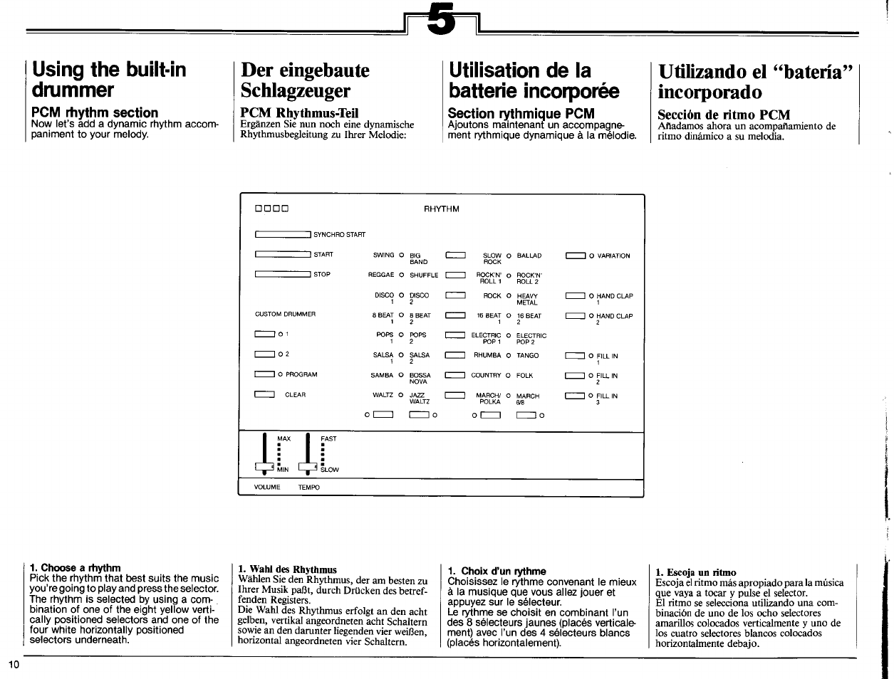 Pcm rhythm section, Der eingebaute schlagzeuger, Pcm rhythmus-teil | Section rythmique pcm, Utilizando el “batería” incorporado, Sección de ritmo pcm, Choose a rhythm, Choix d’un rythme, Pcm rhythmus-teil), Section rythmique pcm) | Yamaha PS-6100 User Manual | Page 12 / 44
