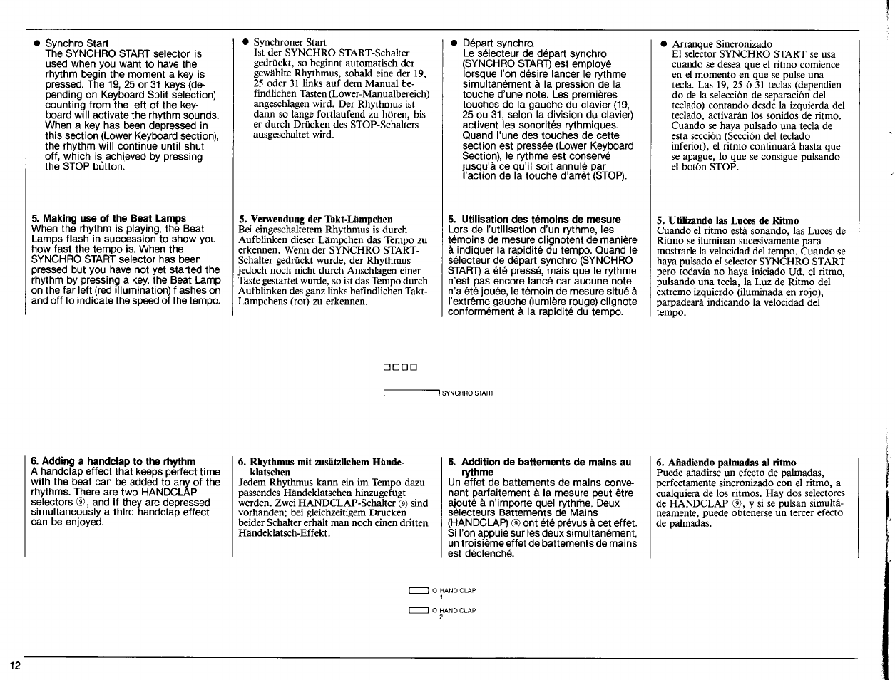 Making use of the beat lamps, Utilisation des témoins de mesure, Adding a handclap to the rhythm | Addition de battements de mains au rythme | Yamaha PS-6100 User Manual | Page 14 / 44