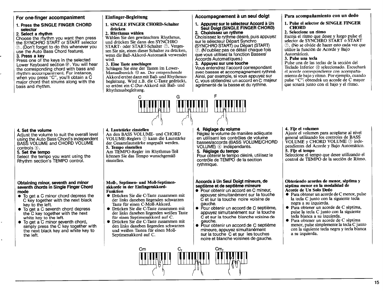 For one-finger accompaniment, Press the single finger chord selector, Select a rhythm | Press a key, Set the volume, Set the tempo, Einfinger-begleitung, Accompagnement à un seul doigt, Choisissez un rythme, Appuyez sur une touche | Yamaha PS-6100 User Manual | Page 17 / 44