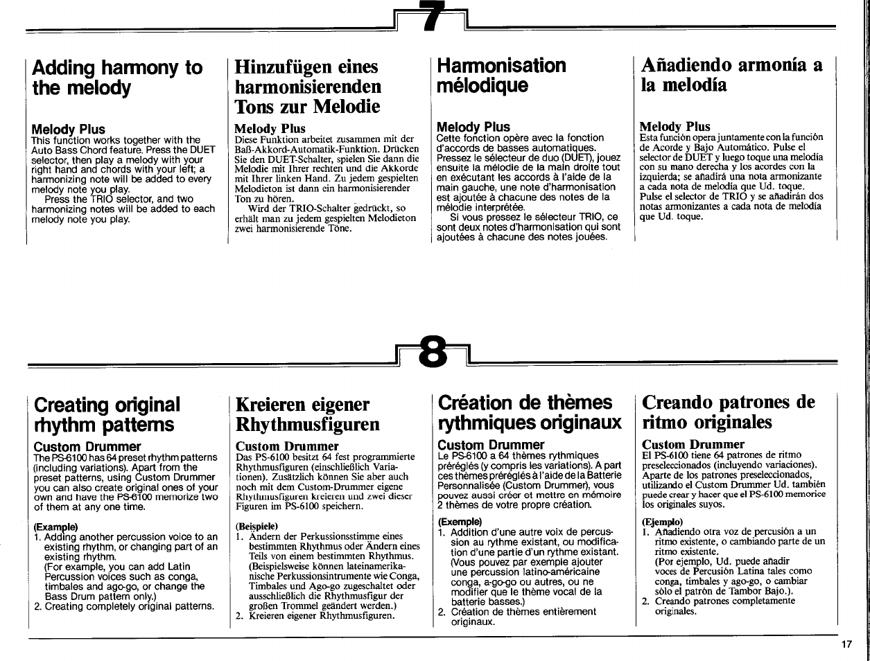 Melody plus, Custom drummer, Bespiele) | Melody plus), Custom drummer), Añadiendo armonía a la melodía, Kreieren eigener rhythmusfiguren, Creando patrones de ritmo originales, Т-1 adding hamiony to the melody, Harmonisation mélodique | Yamaha PS-6100 User Manual | Page 19 / 44