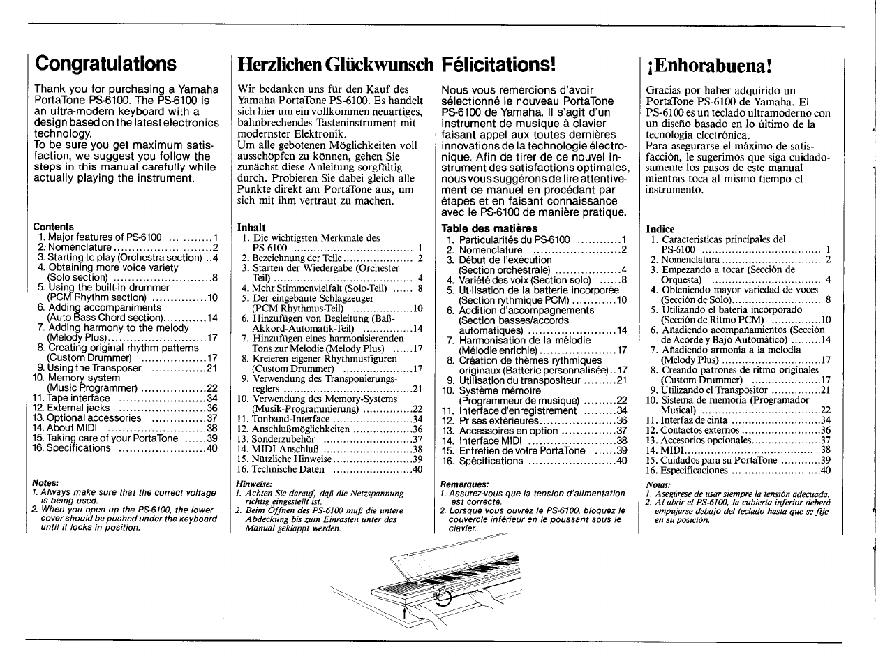 Herzlichen glückwunsch, Inhalt, Enhorabuena | Félicitations | Yamaha PS-6100 User Manual | Page 2 / 44