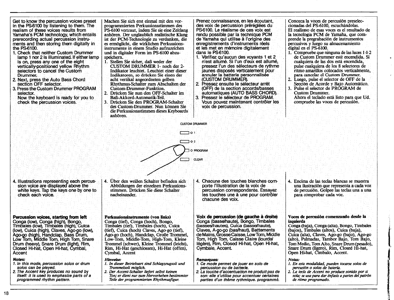 Percusión voices, starting from left, Voix de percussion (de gauche à droite) | Yamaha PS-6100 User Manual | Page 20 / 44