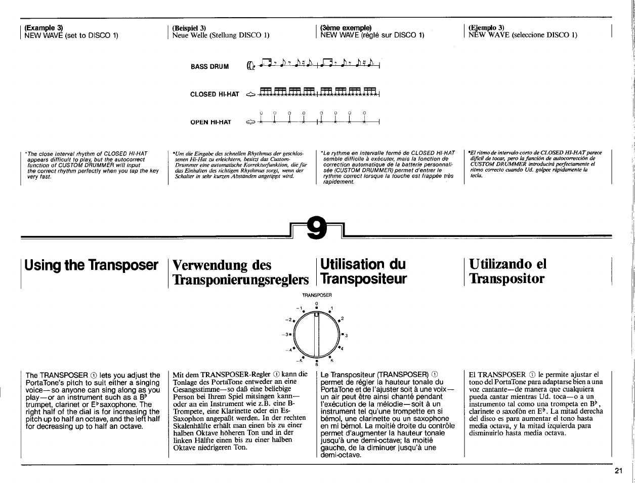 Example 3), Sème exemple), Verwendung des transponìemngsreglers | Verwendung des transponierungs, Reglers, Utilizando el ihmspositor, Using the transposer, Utilisation du transpositeur | Yamaha PS-6100 User Manual | Page 23 / 44