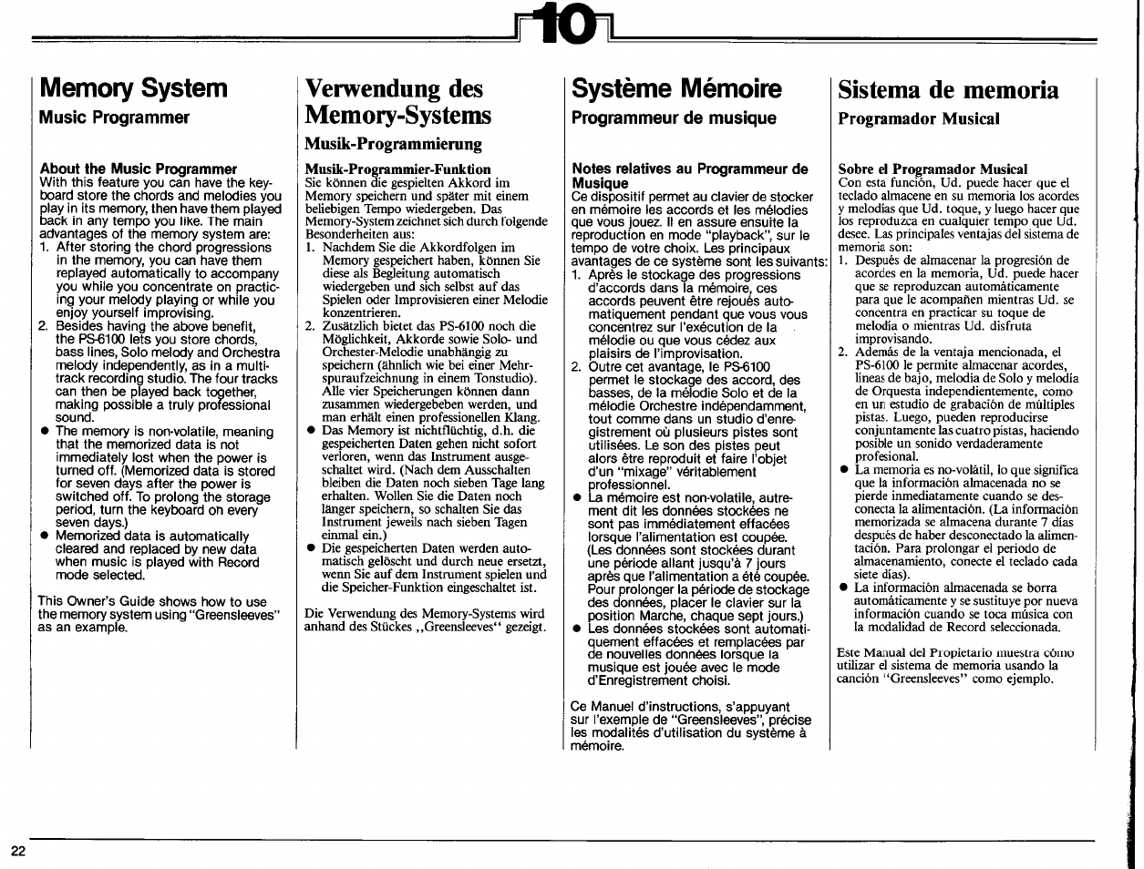 Music programmer, Verwendung des memory-systems, Musik-programmierung | Programmeur de musique, Notes relatives au programmeur de musique, Sistema de memoria, Programador musical, Sobre el programador musical, Music programmer), Musik-programmierung) | Yamaha PS-6100 User Manual | Page 24 / 44