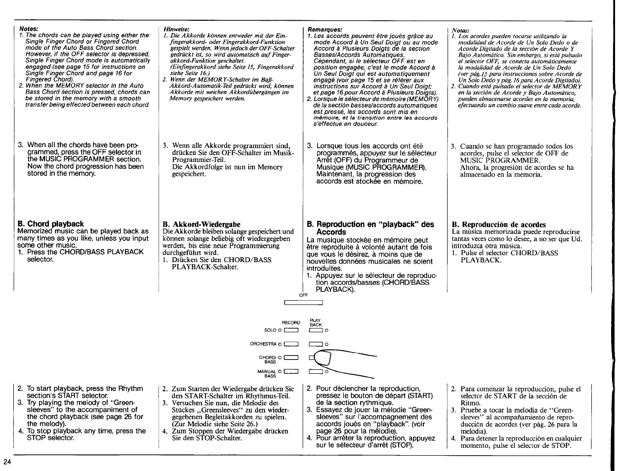 B. chord playback, B. akkord-wiedergabe, B. reproduction en “playback” des accords | B. reproducción de acordes | Yamaha PS-6100 User Manual | Page 26 / 44