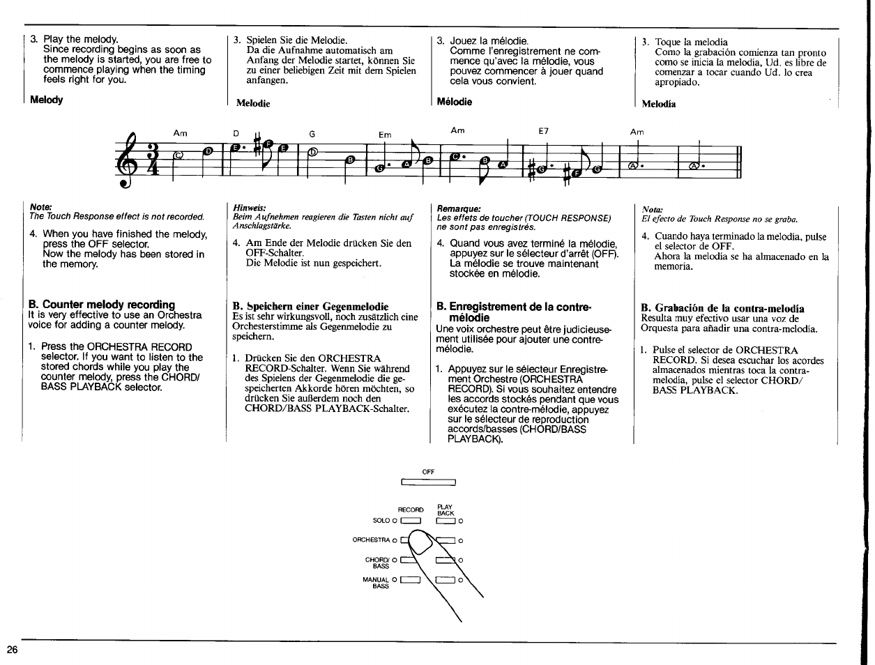 Melody, Mélodie, B. counter melody recording | B. speichern einer gegenmelodie, B. enregistrement de la contre- mélodie, B. grabación de la contra-melodía | Yamaha PS-6100 User Manual | Page 28 / 44